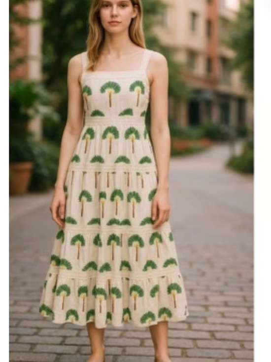 Calypso St. Barth Dresses & Skirts - New Calypso St. Barth Cream Maxi Dress with Green & Yellow Palm Print size M